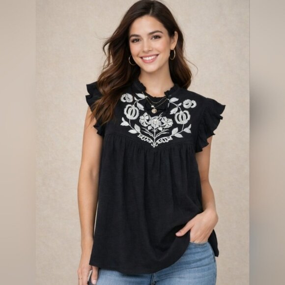 Knox Rose Tops - Knox Rose Black Embroidered Boho Flutter Sleeve Peasant Top XS Tassel Tie Back